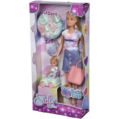 Papusa Steffi Love Baby Car, 29 cm, cu 12 accesorii