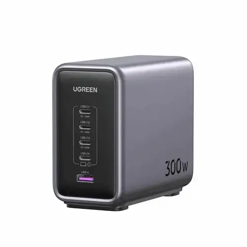 Statie de incarcare Ugreen Nexode 300W, GaN, 4x USB-C, 1x USB-A, cu cablu incarcare inclus, Gri