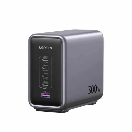 Statie de incarcare Ugreen Nexode 300W, GaN, 4x USB-C, 1x USB-A, cu cablu incarcare inclus, Gri