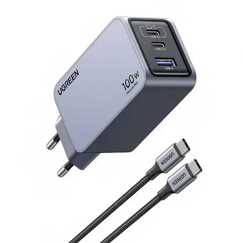 Incarcator retea Ugreen Nexode Pro 100W, GaN Mini, 2x USB-C, 1x USB-A, cu cablu USB-C inclus, Gri