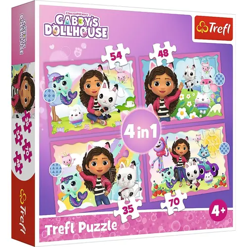 Puzzle Trefl 4 in 1 Gabbys Dollhouse, Aventurile lui Gabby