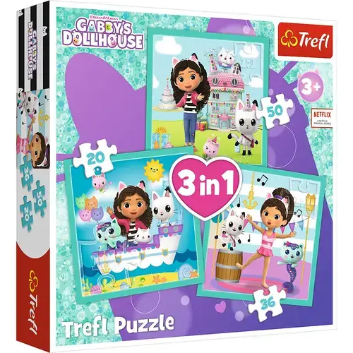 Puzzle Trefl 3 in 1 Gabbys Dollhouse, Activitatile Lui Gabby