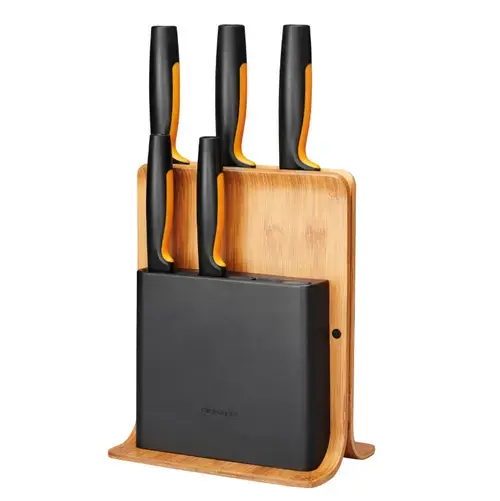 Set Fiskars Functional Form, suport din bambus + 5 cutite
