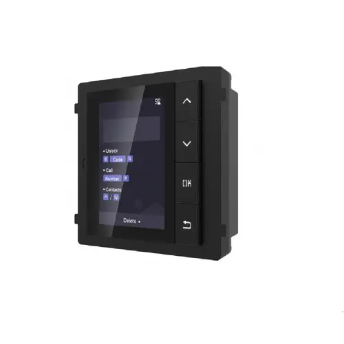 Modul de afisare pentru videointerfon modular Hikvision DS-KD-DIS; ecran LCD 3.5 inch, rezolutie 320x480P; 4 butoane de operare; memorie pentru 500 de contacte; apelare din lista de contacte; deschidere usa cu Pin cu ajutorul modului de tastatura