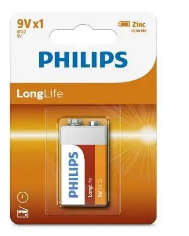 Baterie Philips  clorura de zinc 6F22 LONGLIFE 9V