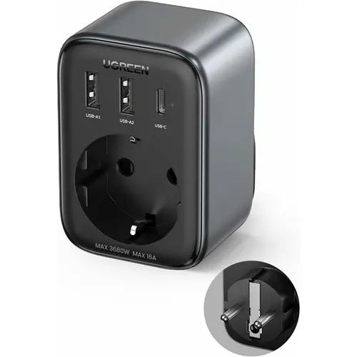 Extender priza Ugreen, 220V AC, 3680W, Quick Charger, 2x USB-A, 1x USB-C 30W, Negru