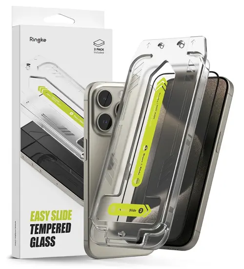 Folie de protectie Ecran Ringke Easy Slide pentru Apple iPhone 15 Pro Max, Sticla Securizata, Full Glue, Set 2 bucati, Neagra