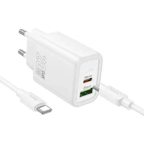 Incarcator Retea Cu Cablu USB-C HOCO N61, 20W, 3A, 1 x USB-A - 1 x USB-C, Alb