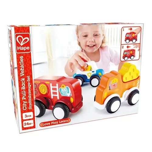 Set 3 masinute Hape Pull-Back - Politie, pompieri, constructor