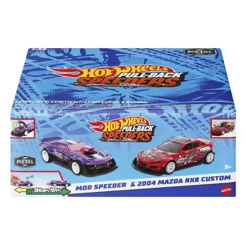 Set 2 masinute metalice Hot Wheels Pull Back - Mod Speeder si 2004 Mazda Rx8 Custom, 1:43
