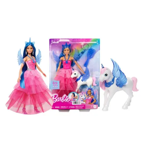 Papusa Barbie, Mattle, Model unicorn cu aripi, rochie roz ombre, set cu accesorii, +3ani
