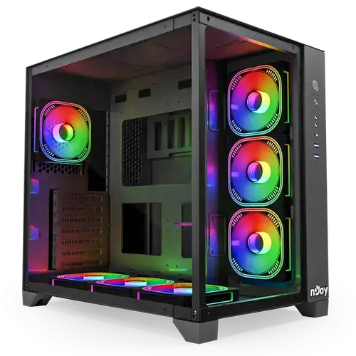 Carcasa nJoy Aura, ARGB, Middle Tower, ATX, 7 ventilatoare incluse, fara sursa, Negru