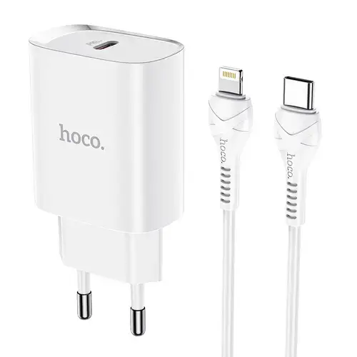 Incarcator Retea  HOCO N14, Quick Charge, 20W, 1 x USB-C + cablu Lightning, Alb