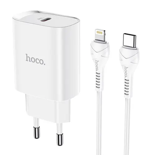 Incarcator Retea  HOCO N14, Quick Charge, 20W, 1 x USB-C + cablu Lightning, Alb