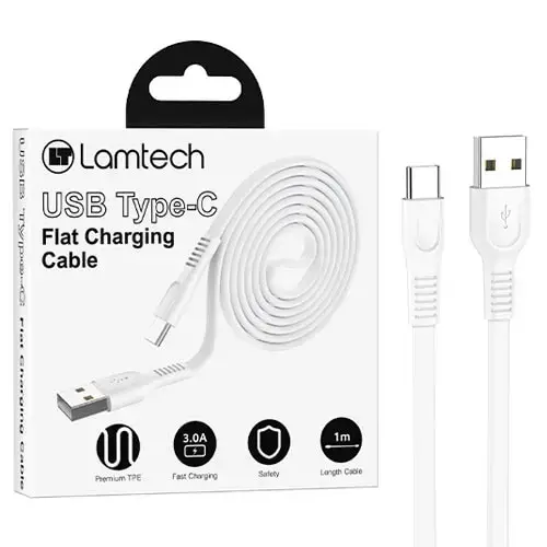 Cablu Date si Incarcare Lamtech, USB la Type-C, Plat, 3A, 1m, Alb