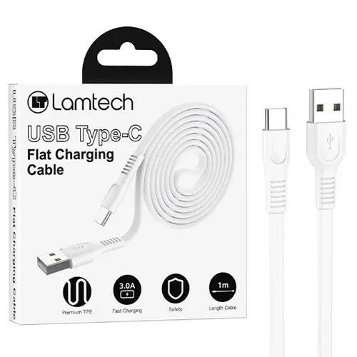 Cablu Date si Incarcare Lamtech, USB la Type-C, Plat, 3A, 1m, Alb