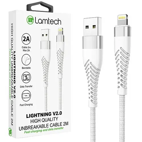 Cablu Date si Incarcare Lamtech, USB la Lightning, Incasabil, 2A, 2m, Argintiu