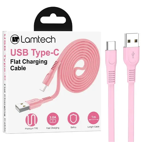 Cablu Date si Incarcare Lamtech, USB la Type-C, Plat, 3A, 1m, Roz