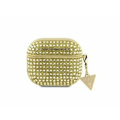 Husa de protectie Guess Rhinestones Triangle Metal Logo pentru AirPods 3, Auriu