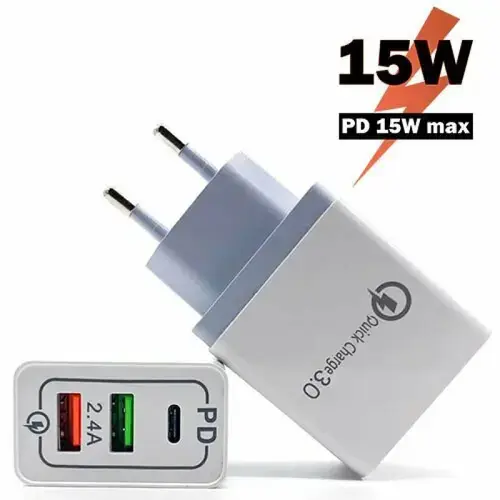 Incarcator retea Lamtech 15W PD QC3.0, 2xUSB, 1xUSB Type-C, Alb