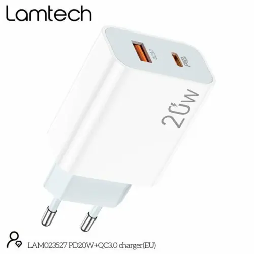 Incarcator retea Lamtech QC3.0 PD 20W, 1xUSB, 1xUSB Type-C, Alb