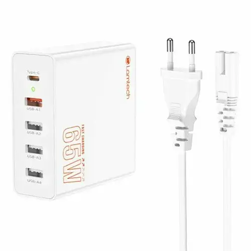 Incarcator retea Lamtech GaN Fast Charge PD 65W, 1xUSB Type-C, 4xUSB QC3.0, Alb