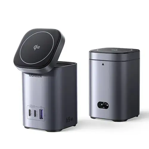 Statie de incarcare UGREEN Nexode 65W GaN, 15W Qi2 Wireless Stand, 1x USB-A, 2x USB-C, Gri