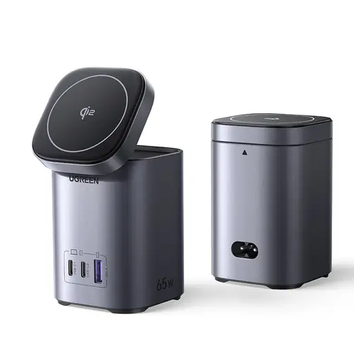 Statie de incarcare UGREEN Nexode 65W GaN, 15W Qi2 Wireless Stand, 1x USB-A, 2x USB-C, Gri