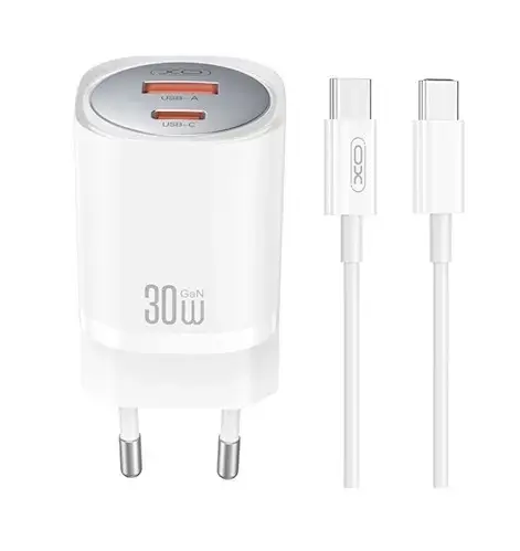 Incarcator Retea Cu Cablu USB-C XO Design CE21, 30W, 3A, 1 x USB-A - 1 x USB-C, Alb