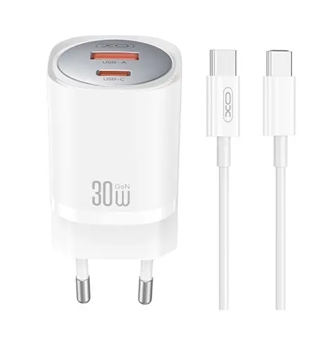 Incarcator Retea Cu Cablu USB-C XO Design CE21, 30W, 3A, 1 x USB-A - 1 x USB-C, Alb