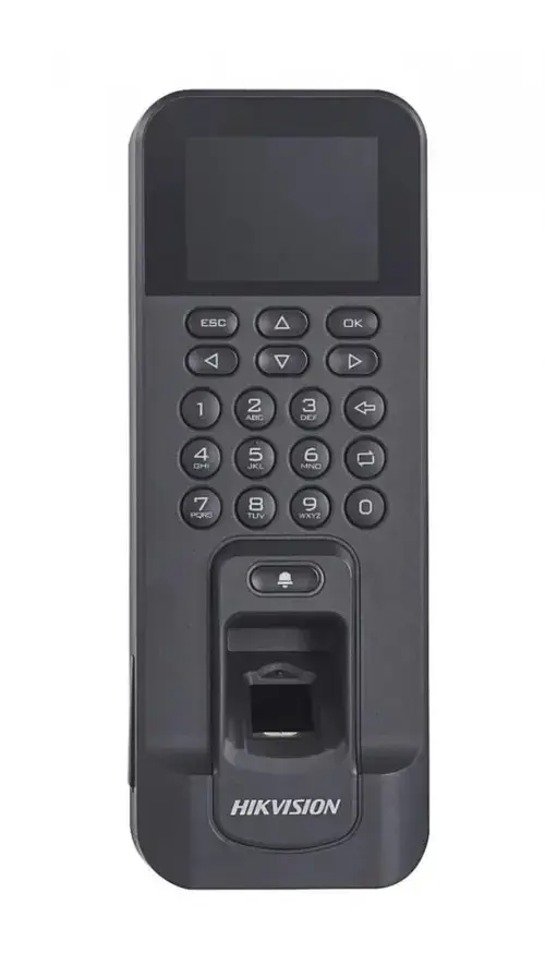 Controler de acces biometric stand alone Hikvision cu tastatura si cartele de proximitate MIFARE DS-K1T804AMF; Capacitate de stocare: 3,000cartele, 3,000 amprente si 100,000 evenimente; Suporta functii de Access Control si  Time Attendance; display LCD2