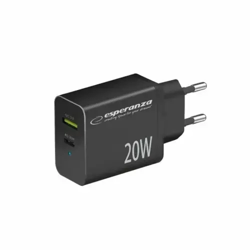 Incarcator de retea Esperanza EZC105K, Usb-C PD 20W, Usb-A QC 3.0, Negru