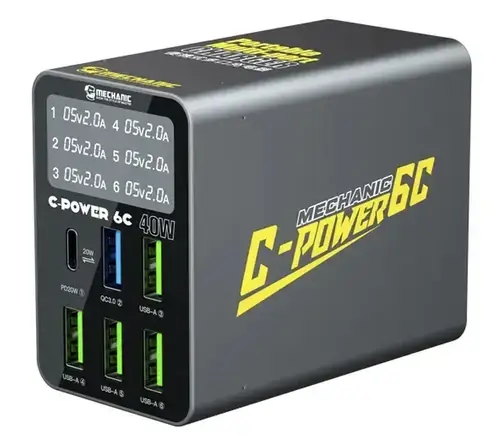 Incarcator Statie Mechanic 6C with Display, 40W, 3A, 1 x USB-C - 5 x USB-A, Negru