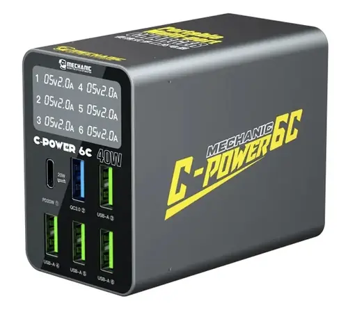 Incarcator Statie Mechanic 6C with Display, 40W, 3A, 1 x USB-C - 5 x USB-A, Negru
