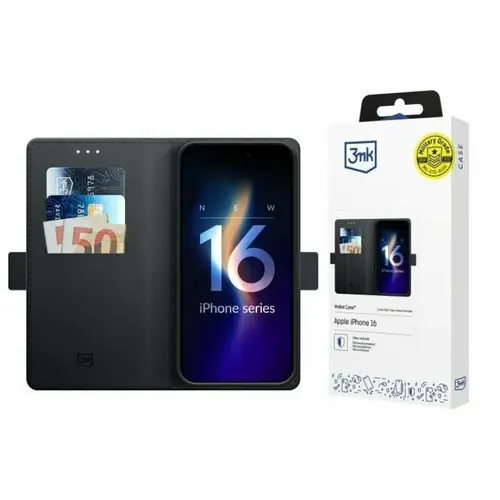 Husa de protectie 3mk Wallet Case pentru iPhone 16, Negru