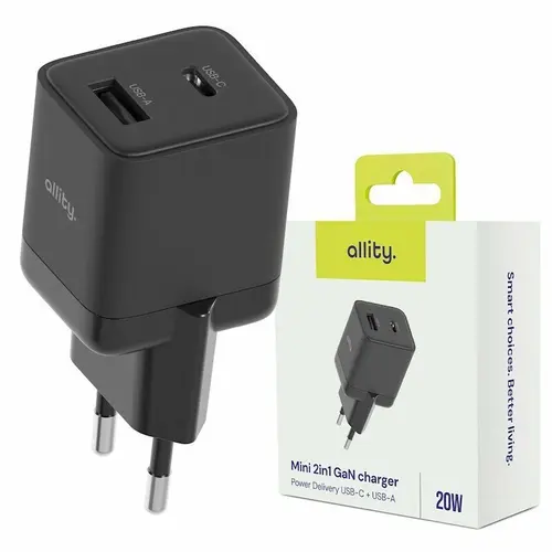 Incarcator Retea Allity ATC-01-20WAC, GaN PD QC 1x USB-Cm, 1x USB-A, 20W, Negru