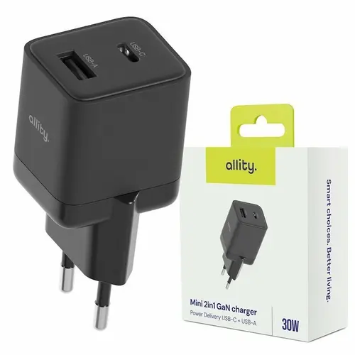 Incarcator Retea Allity ATC-01-30WAC, GaN PD QC 1x USB-C, 1x USB-A, 30W, Negru