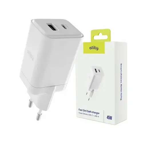 Incarcator Retea Allity  ATC-01-45WAC, GaN PD QC 1x USB-C, 1x USB-A, 45W, Alb
