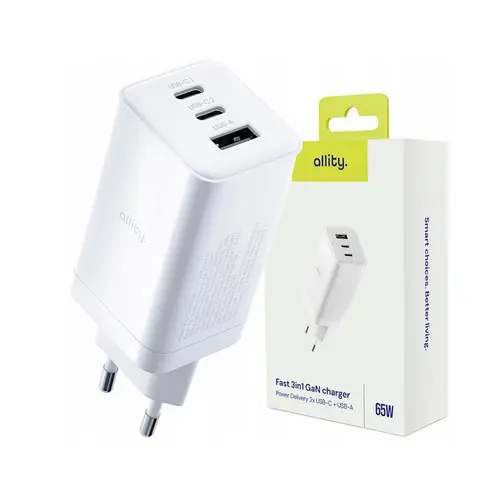 Incarcator Retea Allity ATC-01-65WACC, GaN PD QC 2x USB-C, 1x USB-A 65W, Alb