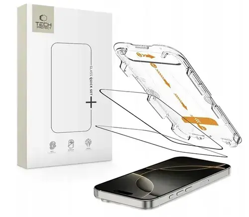 Folie de protectie Ecran Tech-Protect QUICK SET+ pentru Apple iPhone 16 Pro, Sticla Securizata, Full Glue, Set 2 bucati, Cu Rama Ajutatoare, Neagra
