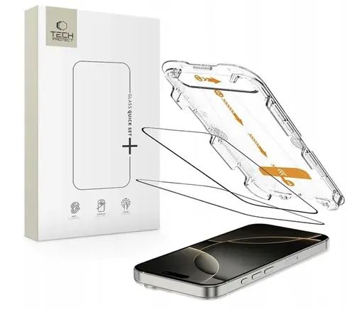 Folie de protectie Ecran Tech-Protect QUICK SET+ pentru Apple iPhone 16 Pro, Sticla Securizata, Full Glue, Set 2 bucati, Cu Rama Ajutatoare, Neagra