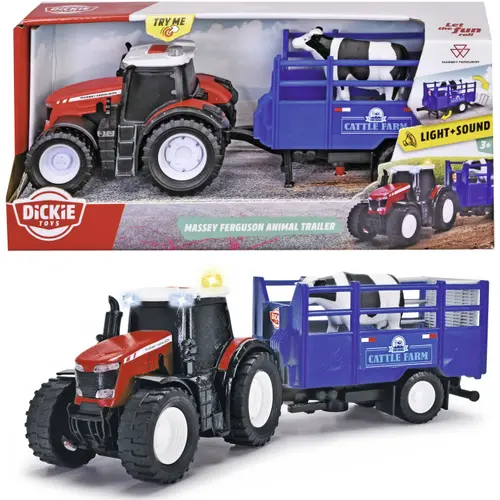 Tractor Massey Ferguson Dickie Toys, cu remorca pentru animale, cu lumini si sunete, 26 cm