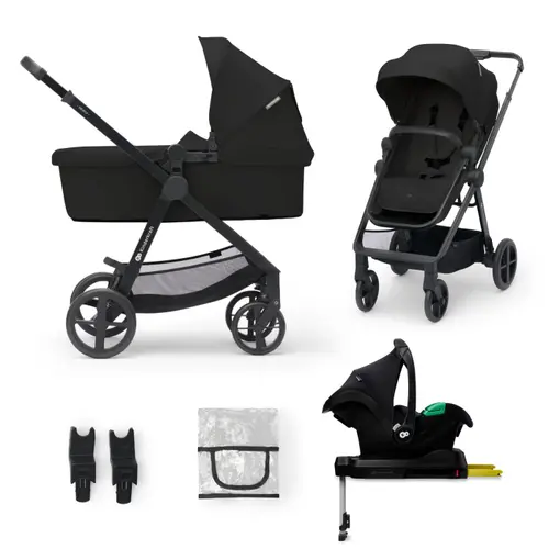 Carucior 4 în 1 KinderKraft Newly, 0 - 22kg, scoica auto Mink Prf cu baza Isofix inclusa, Negru
