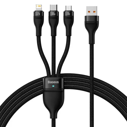 Cablu de date Baseus CASS030001, USB - USB-C + Micro USB + Lightning, 100 W, 1,2 m, Negru