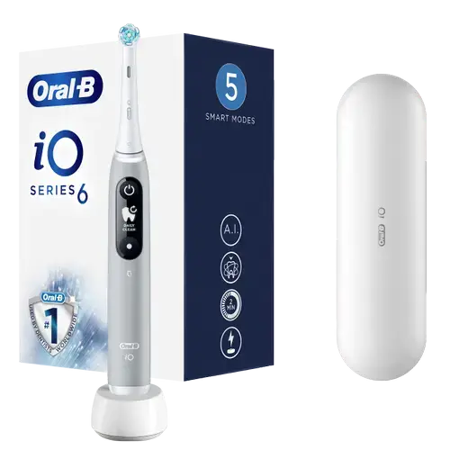 Periuta de dinti electrica Oral-B iO6 cu Tehnologie Magnetica si Micro-Vibratii, Inteligenta artificiala, Display led interactiv, Senzor de presiune Smart, Timer vizibil, 5 moduri, 1 capat, Trusa de calatorie, Gri