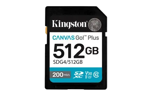Card de memorie Kingston Canvas Go! Plus Gen 4, 512GB, SDXC, UHS-I U3, V30, Clasa 10