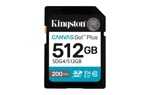 Card de memorie Kingston Canvas Go! Plus Gen 4, 512GB, SDXC, UHS-I U3, V30, Clasa 10