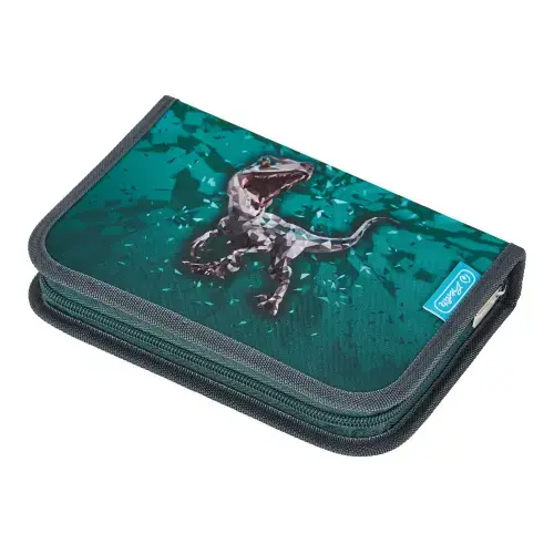 Penar echipat Herlitz motiv Green Rex, 31 piese, cu 2 clape, dimensiune 14 x 20,3 x 3,5 cm
