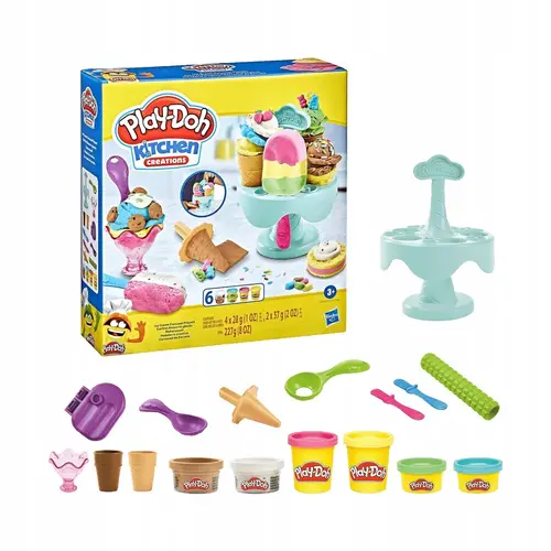 Set Ciastolina Play-Doh Kitchen Creations, Karuzela cu inghetata, 6 tuburi, accesorii
