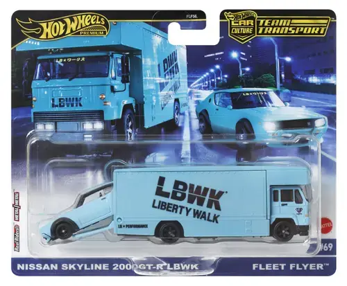 Hot Wheels Transportator Fleet Flyer Cu Masinuta Nissan Skyline 2000 Gt-r Lbwk Scara 1:64